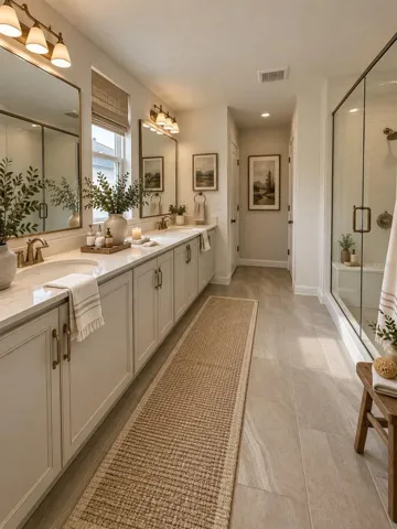 Indulge in the comfort of this spacious, beautifully appointed master bathroom, featuring elegant finishes, an expansive double-sink vanity, generous counter space, and a glass-enclosed walk-in shower. A perfect blend of modern luxury, functionality, and spa-inspired relaxation.AI Virtual Staging.