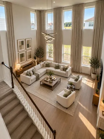 Experience the elegance of model-home living! This spectacular, light-filled living room features soaring double-height ceilings, expansive windows, and an impressive open-concept design. Bathed in natural light, this exceptionally spacious area offers a breathtaking sense of openness, sophistication, and comfort—perfect for luxurious everyday living and entertaining.AI Virtual Staging Disclosure: This image has been virtually staged using artificial intelligence based on an original photograph of the actual living room. Furniture, décor, and decorative elements are digitally generated for illustrative purposes and are not included with the rental property.