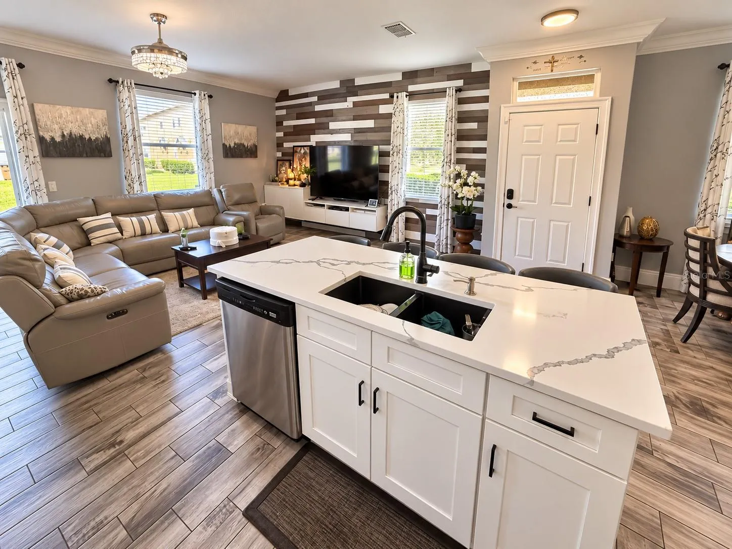 Kitchen island overlooking the living area.