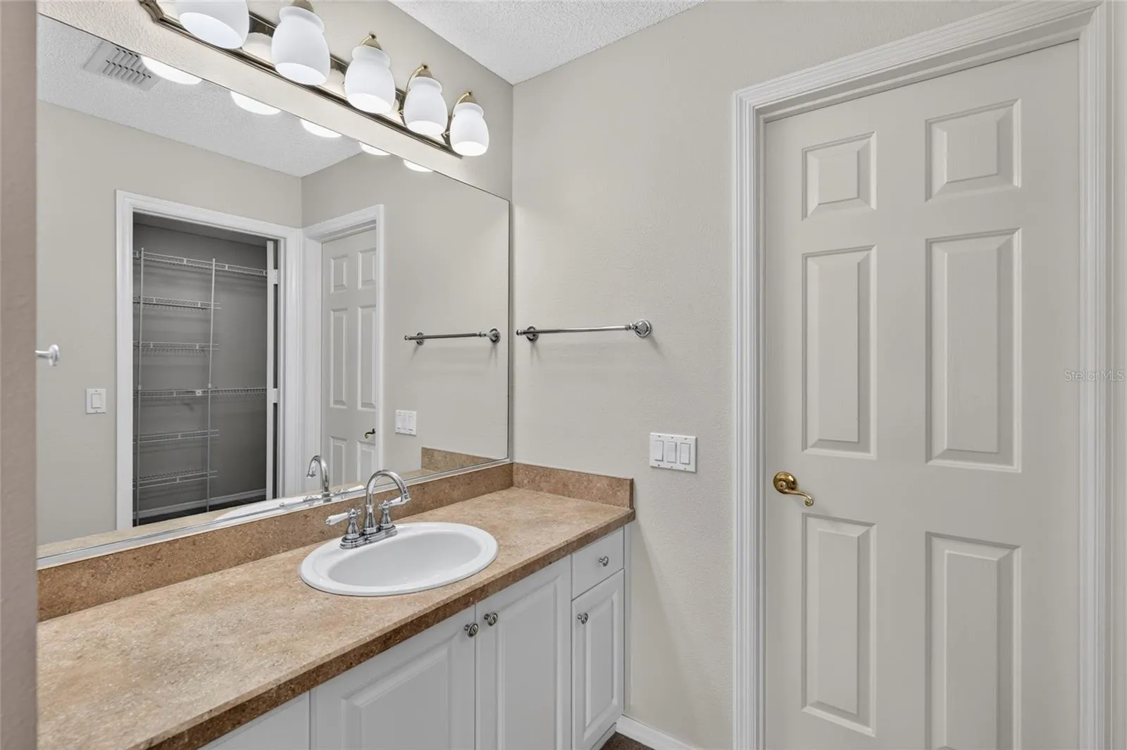 PRIMARY ENSUITE BATHROOM - Single-sink vanity with counter space, a large mirror and over the vanity  lighting. Note closed door on R which leads to private shower & toilet.