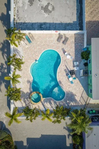 Pool has abundant deck area.