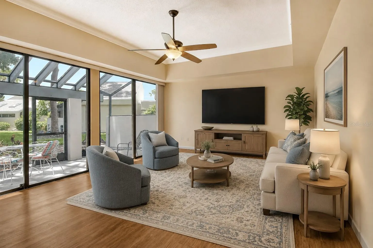 Bright living room with high ceilings