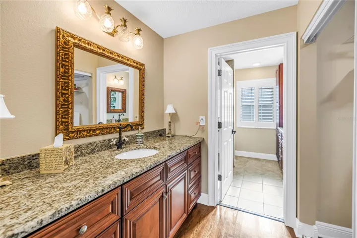 The primary bathroom features high-quality custom solid wood cabinetry, granite countertops, and elegant lighting and bath fixtures.