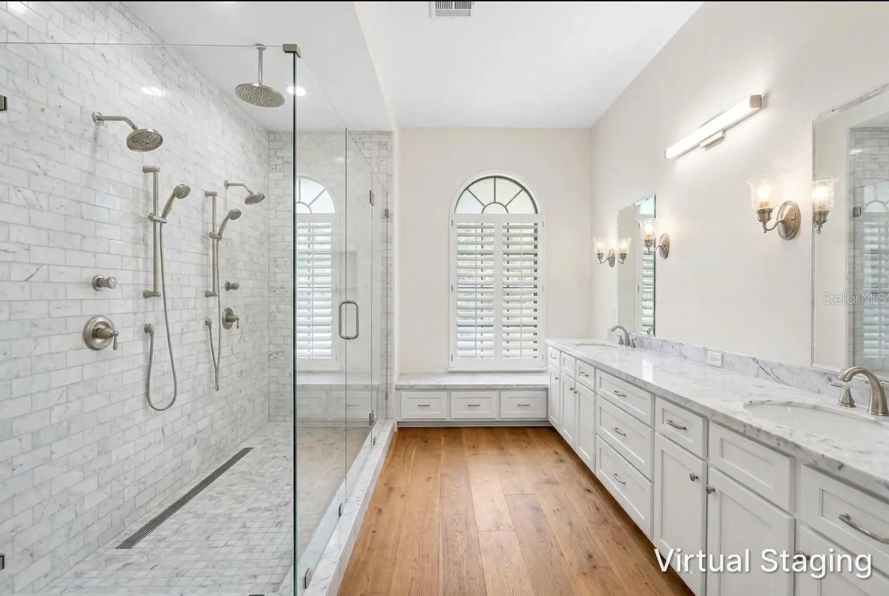 Virtual update to Primary bath using Previous photo.  virtual new vanity, flooring, paint, and shower with glass walls instead of closed walls