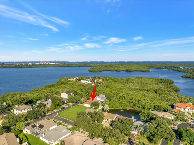 Captures a scenic view of Riviera Bay looking north, with the City of Tampa visible in the distance. This home is ideally situated for easy commuting, offering convenient access to downtown Tampa in approximately 15 minutes.