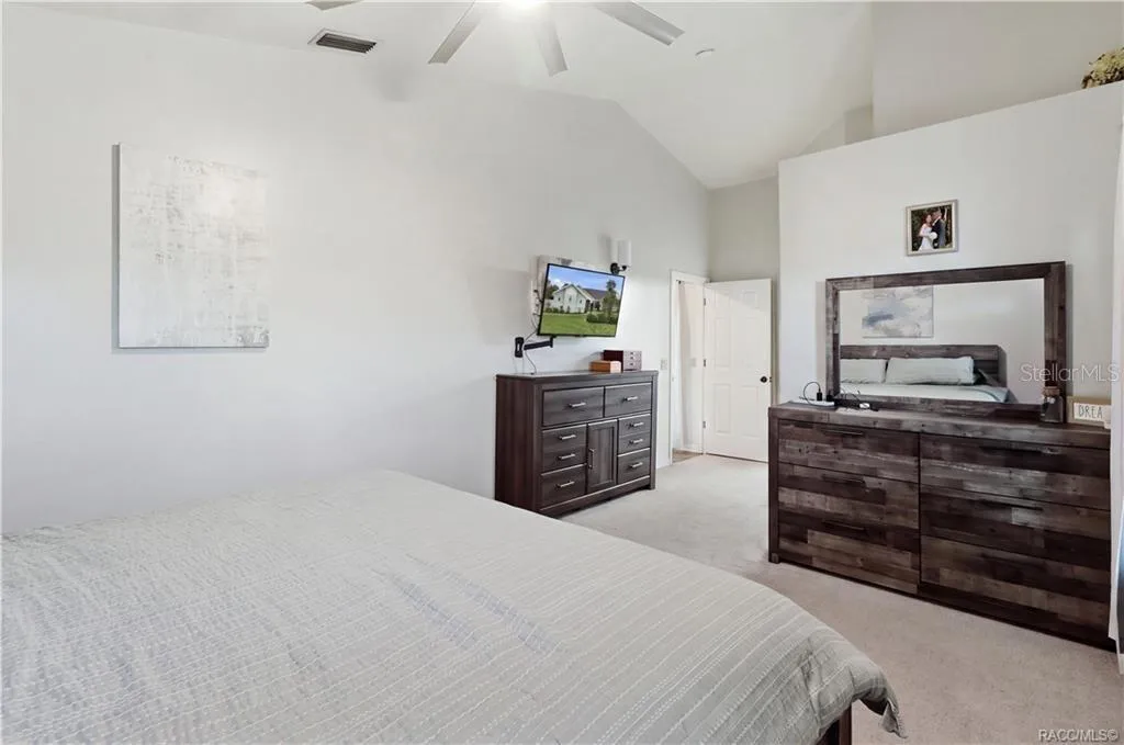 Primary Bedroom – Another view of the primary suite showcasing its vaulted ceiling, spacious layout & comfortable atmosphere w/plant shelving for your collectibles.