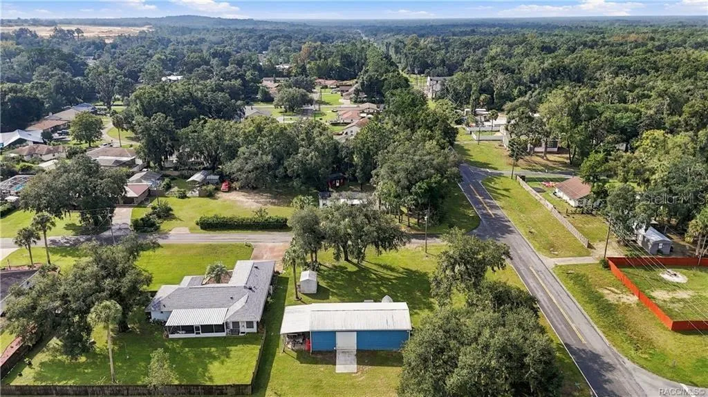 Neighborhood Aerial View – Wide aerial perspective capturing the surrounding neighborhood, tree-lined streets &amp; established residential setting.