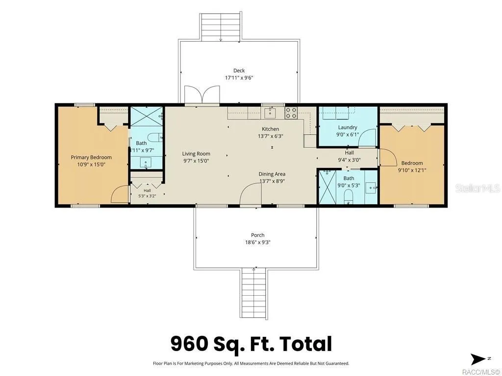 Floor Plan – Convenient floor plan illustrating the home's 2-BEDROOM, 2-BATH layout, OPEN LIVING &amp; DINING AREAS, kitchen, indoor laundry, COVERED FRONT PORCH &amp; REAR DECK. Floor plan measurements are approximate.