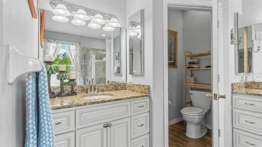 Beautiful remodeled ensuite bathroom with soaking tub, walk-in shower, double vanities, and private toilet room