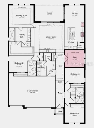 Floor Plan - Additional Highlights Include: tray ceiling package, 8' interior doors, outdoor kitchen rough-in, gourmet kitchen appliance package, and window blinds throughout the home