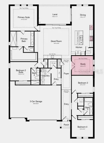 Floor Plan - Additional Highlights Include: tray ceiling package, 8' interior doors, outdoor kitchen rough-in, gourmet kitchen appliance package, and window blinds throughout the home