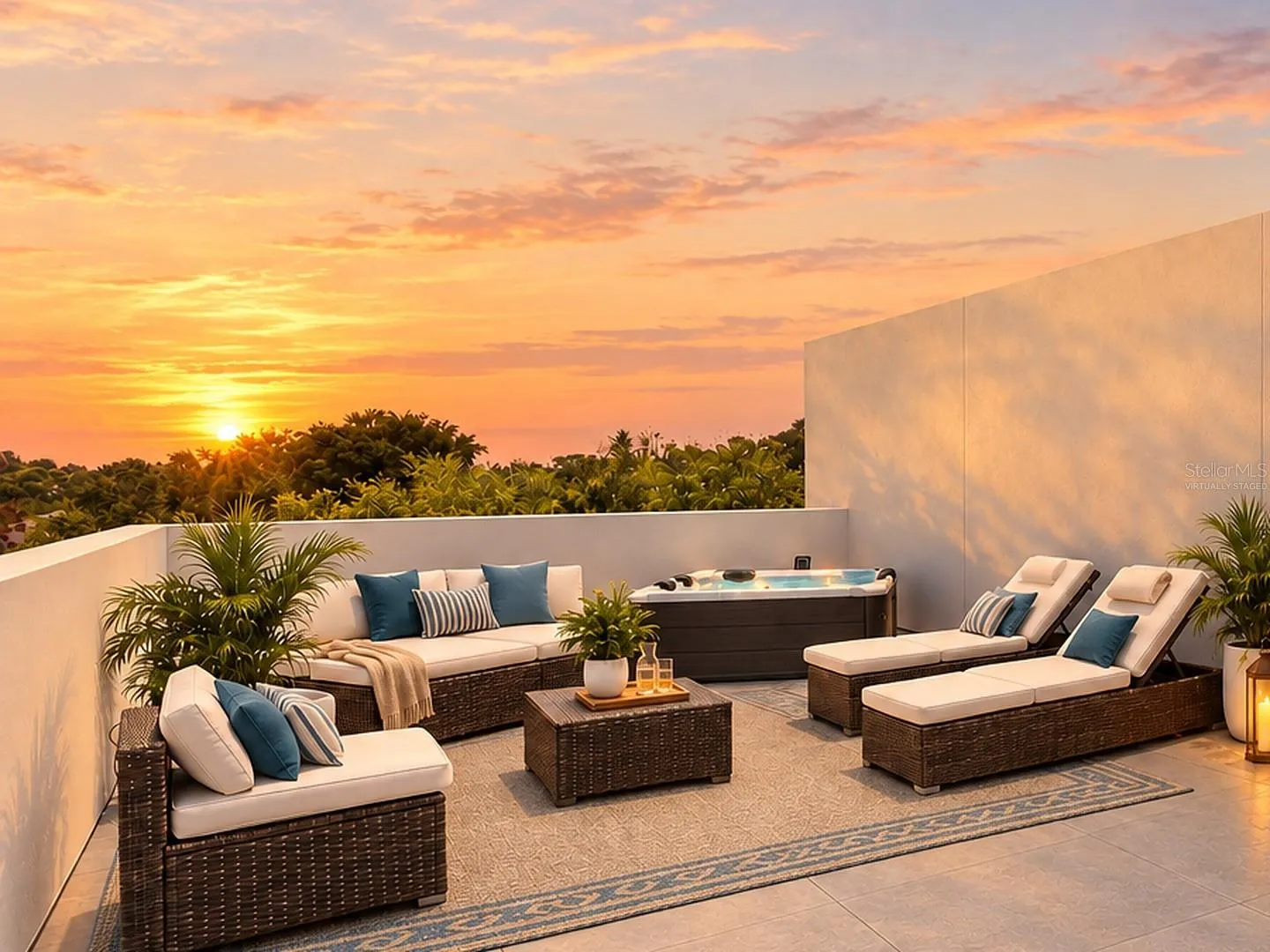 Virtually staged rooftop terrace; furnishings and hot tub shown are not included
