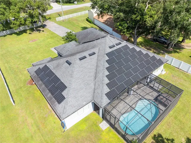 Aerial of home showing solar panels. Current homeowner does not have an electric bill