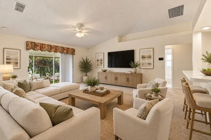 Virtually staged family room  vaulted ceilings