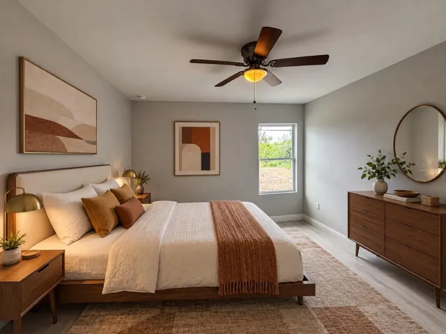 Virtually staged bedroom; furniture and decor are digitally added.