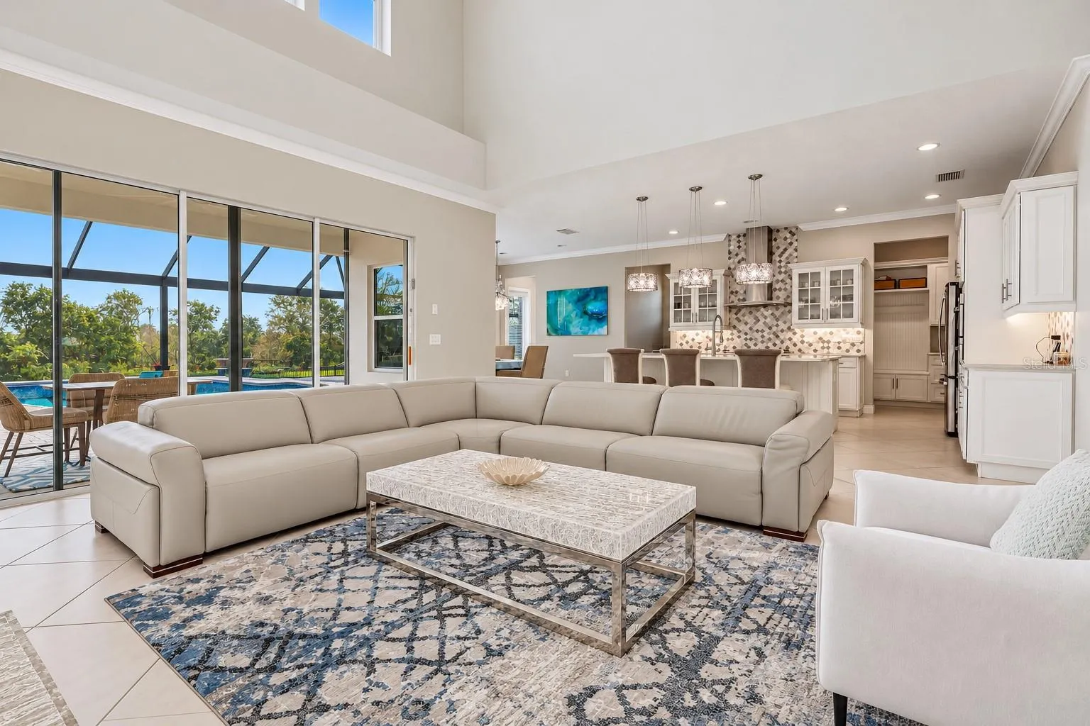 Light, bright and open two story living room.
