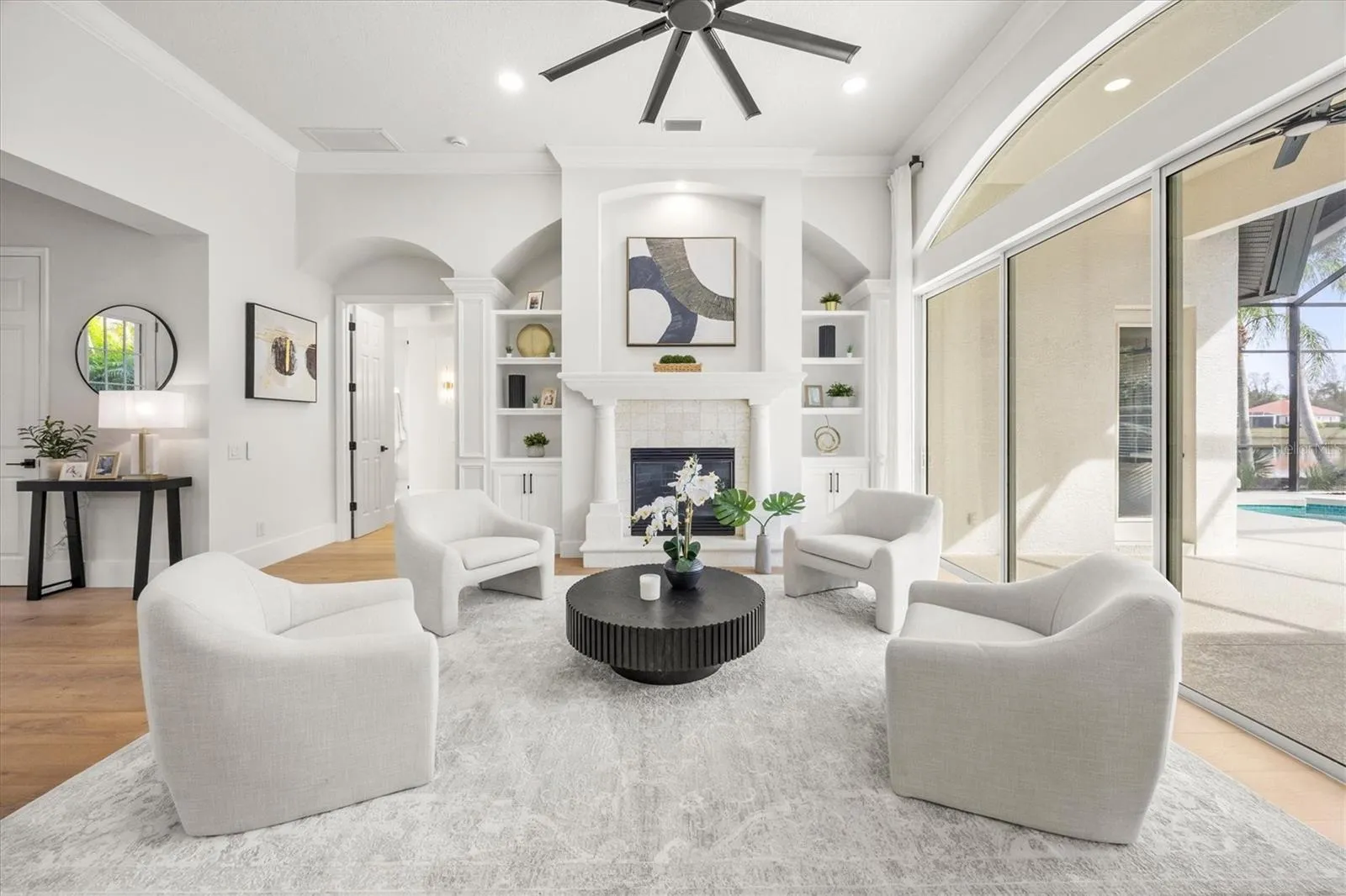 Living Room, Gas Fireplace, Built-ins and White Oak Engineered Wood Flooring