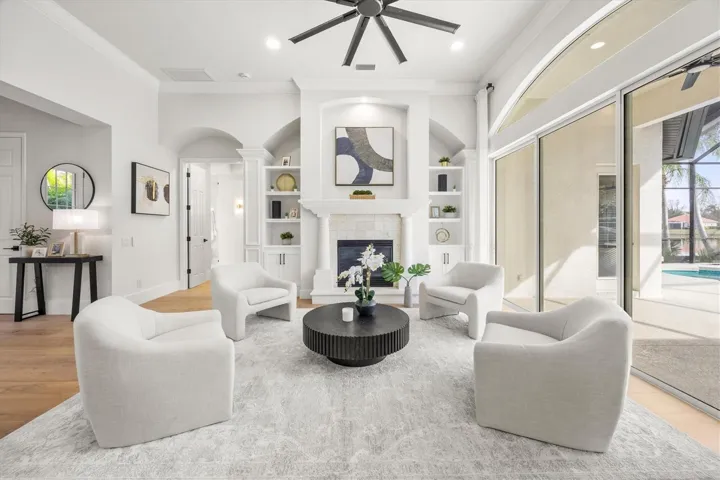 Living Room, Gas Fireplace, Built-ins and White Oak Engineered Wood Flooring