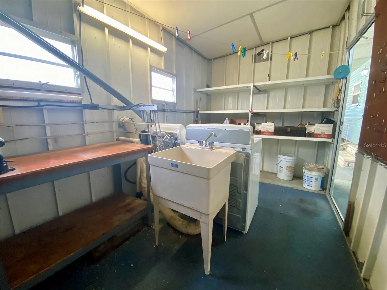 storage shelves on both sides