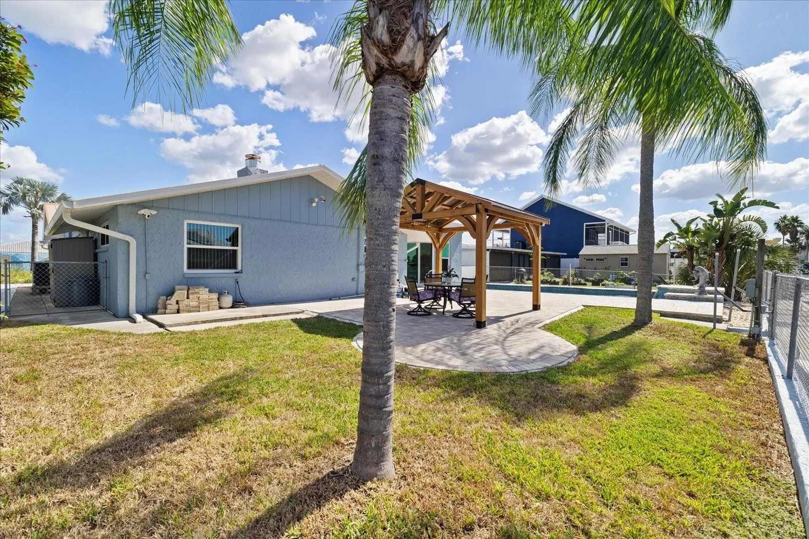 Grassy backyard area and palms