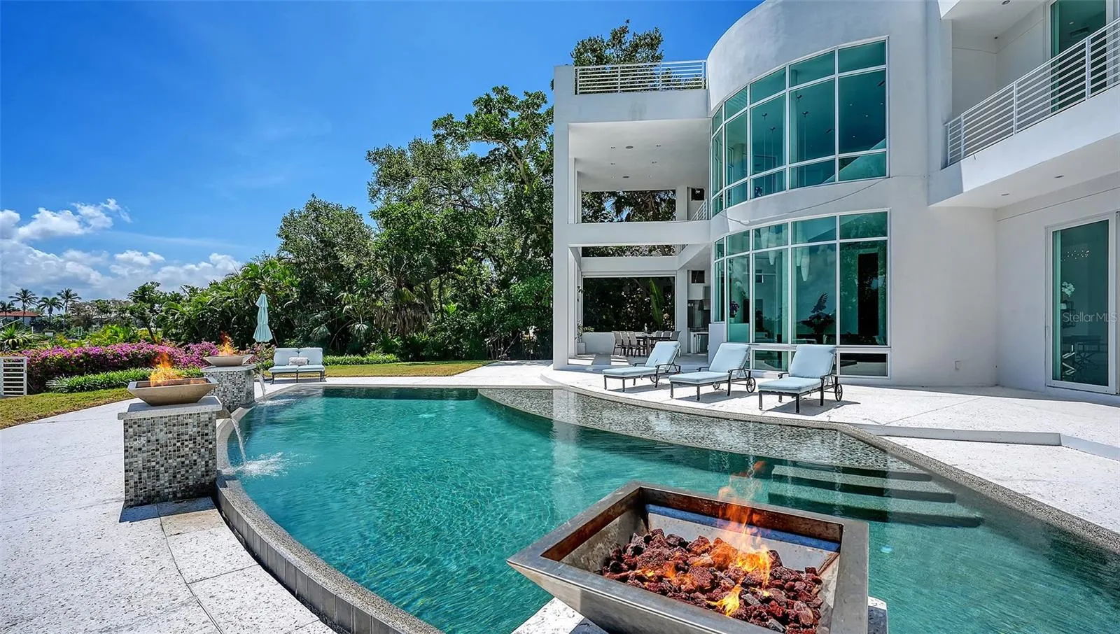 Pool with light up fire pits