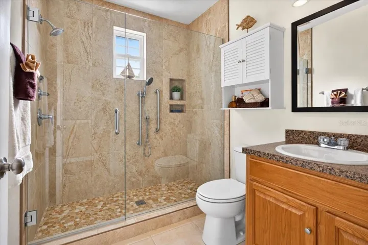 Guest bathroom with a beautiful tile shower!