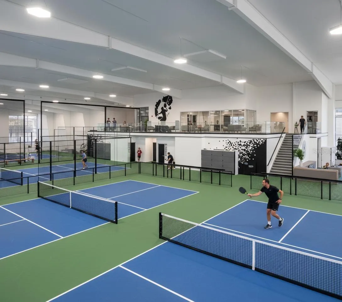 INDOOR AIR-CONDITIONED PLAY:  5 Pickleball Courts, 1 Tennis Hard Court, 1 Padel Court, Racquet Simulator, Golf Simulator, Juice Bar, Observation Deck, Saunas &amp; Cold Plunges!!!