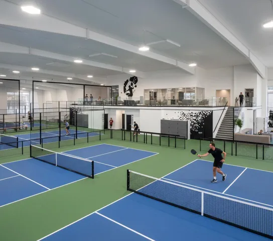 INDOOR AIR-CONDITIONED PLAY:  5 Pickleball Courts, 1 Tennis Hard Court, 1 Padel Court, Racquet Simulator, Golf Simulator, Juice Bar, Observation Deck, Saunas &amp; Cold Plunges!!!