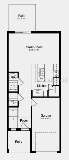 First Floor Plan- Additional Highlights Include: refrigerator, washer and dryer, extended LVP flooring at first floor, whole house blinds, and vertical blinds at sliding door.