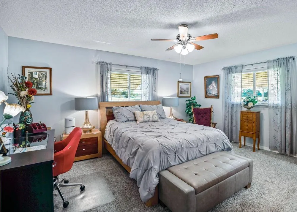 Spacious primary bedroom featuring soft blue walls, carpeting, and a ceiling fan with lighting. Two windows welcome natural light, while the generous layout offers room for a desk or cozy reading area.