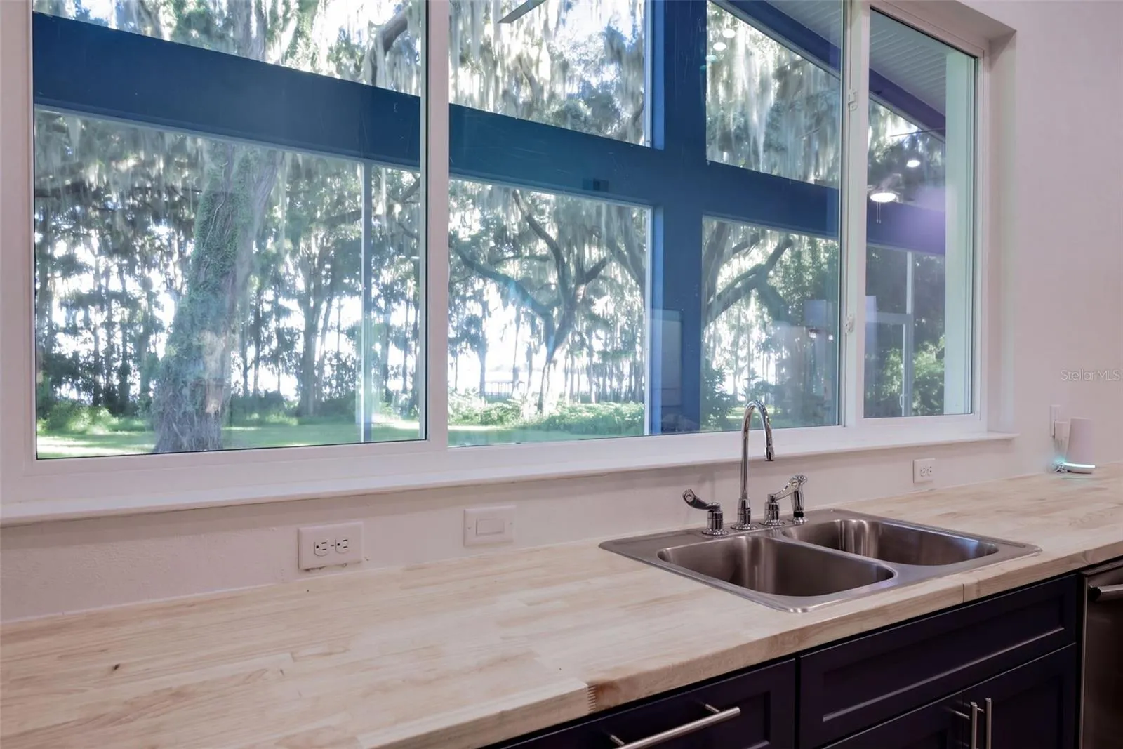 The view over the sink: through the porch, past the oaks, to Lake Harris