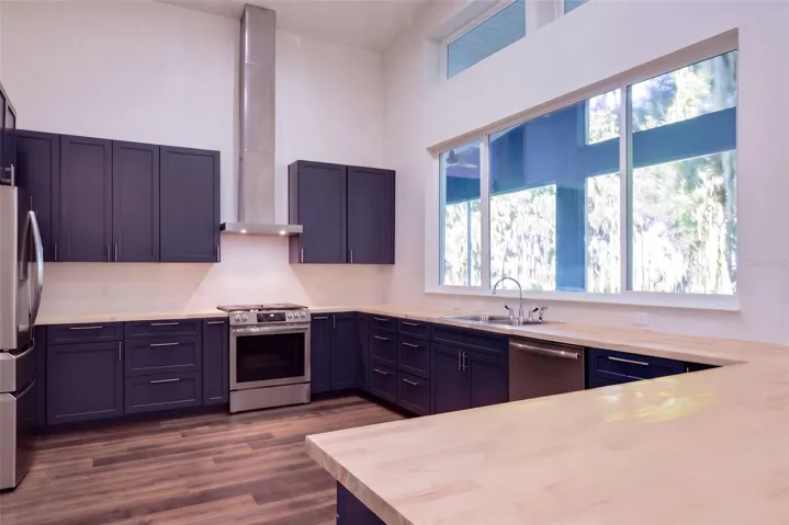 Stainless chimney hood, 5-burner propane range, and French door fridge