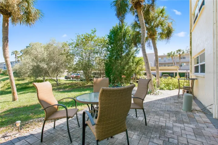 Oversized patio with pond views