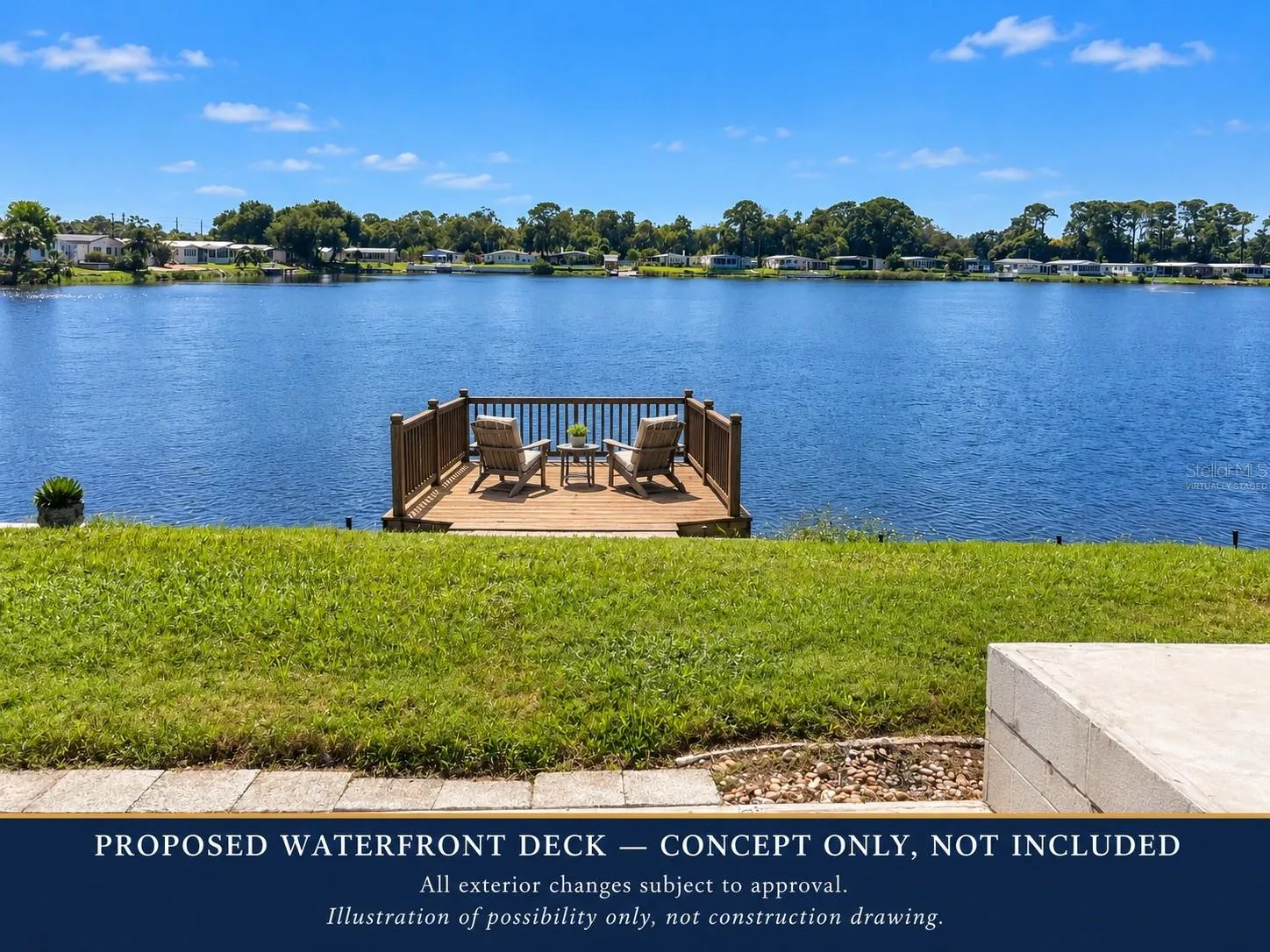 Concept for sitting deck over water virtually staged