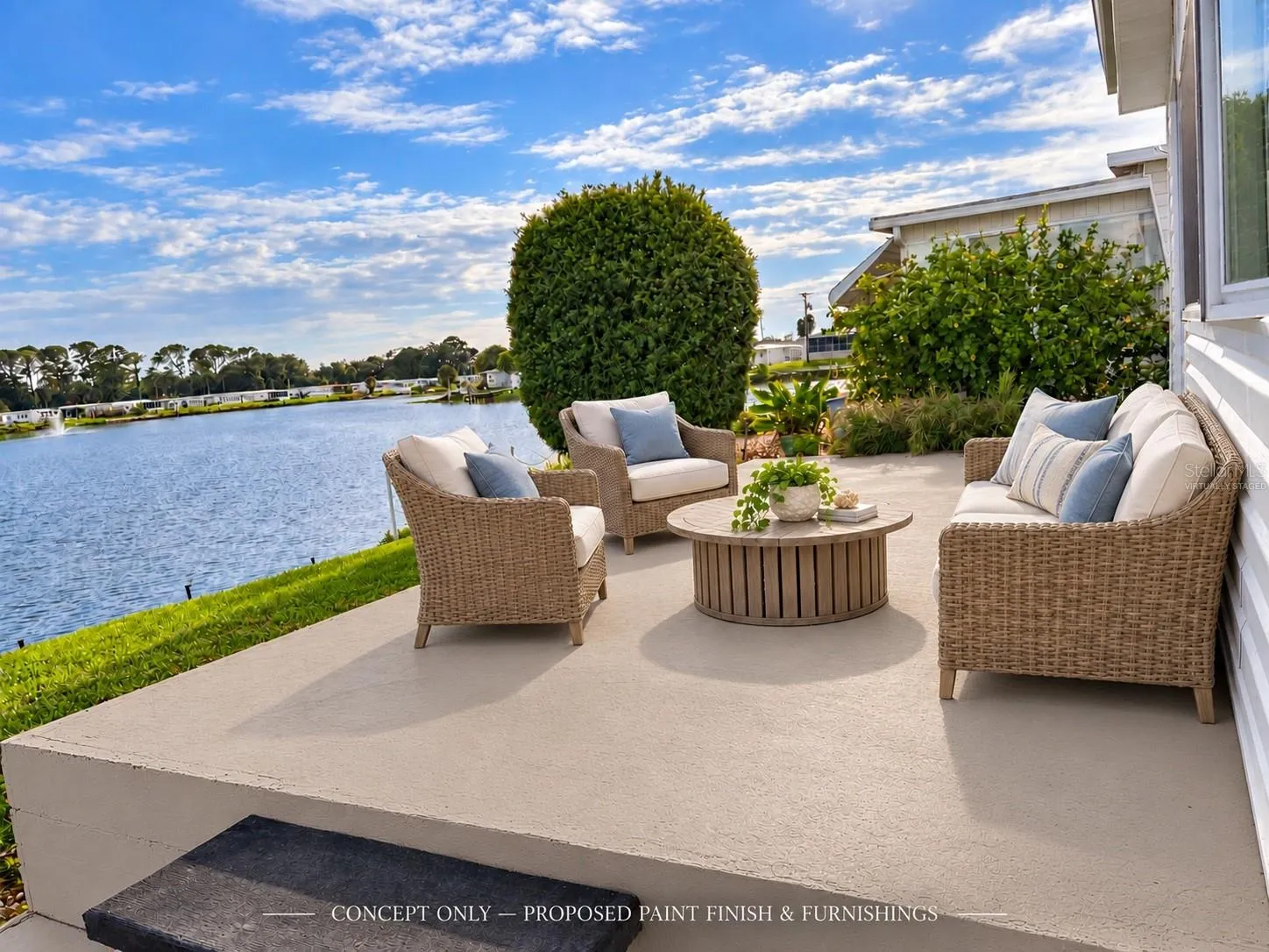 Concept for upper patio virtually staged.
