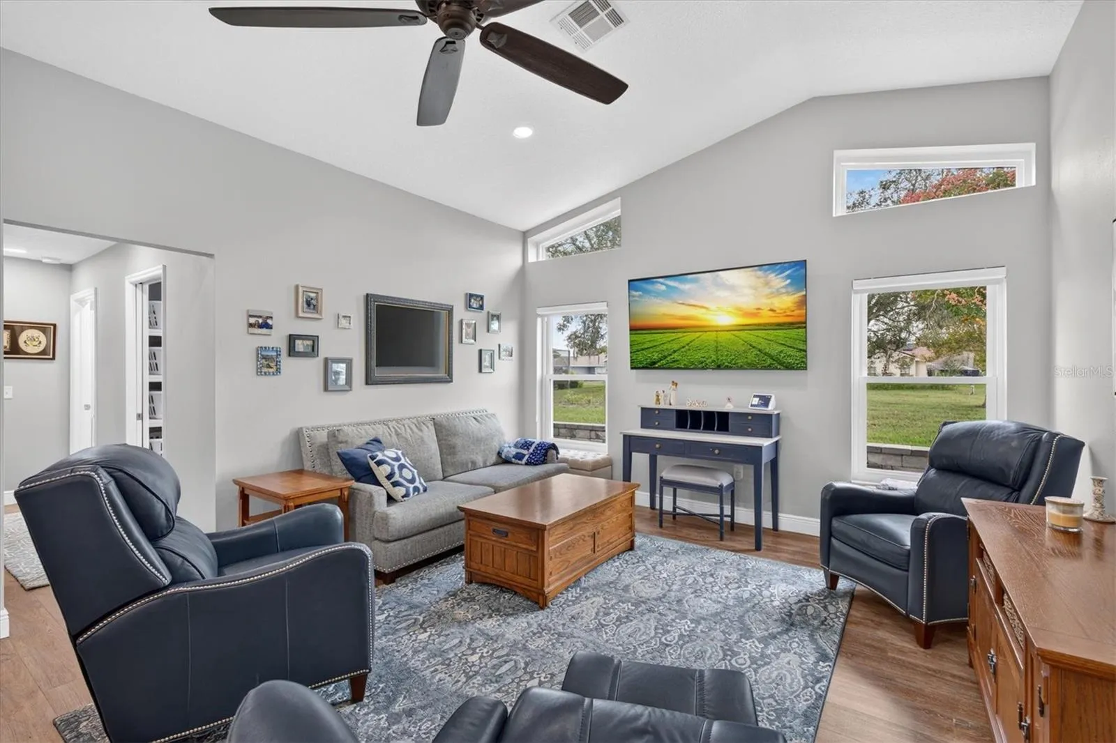 Family Room with Vaulted Ceiling & Transom Windows