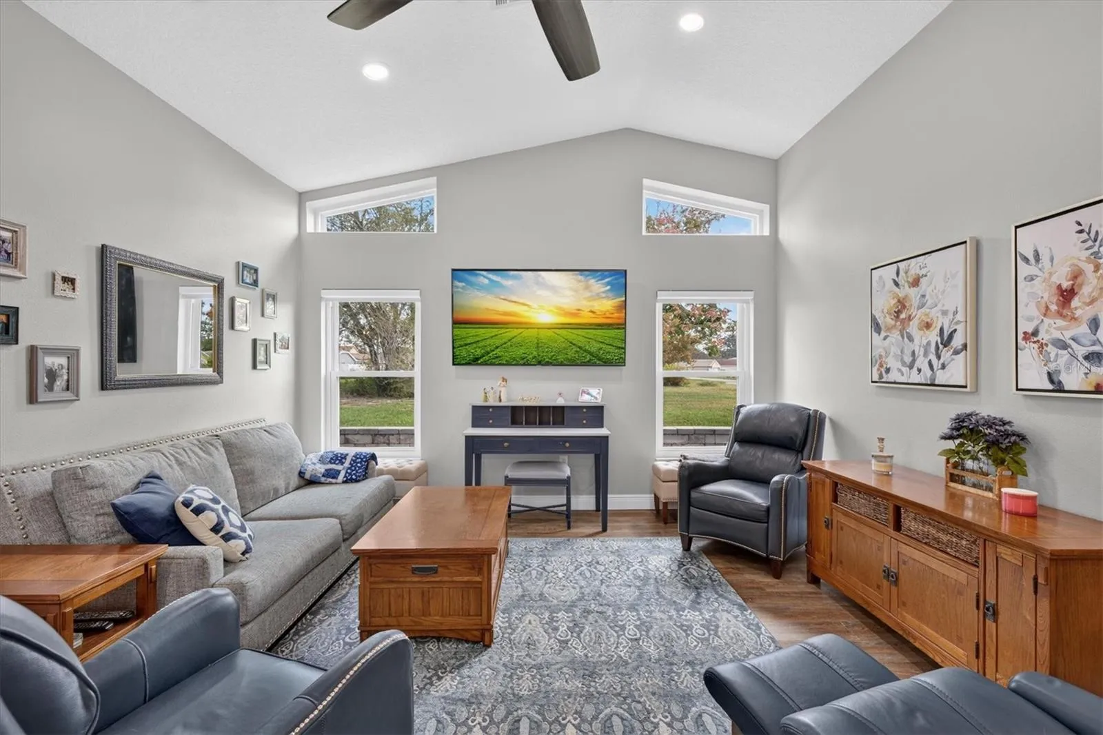 Family Room with Vaulted Ceiling & Transom Windows
