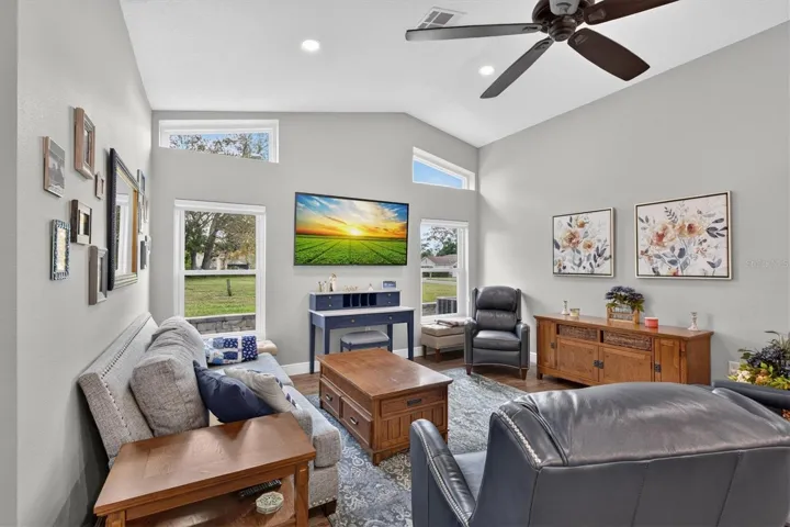Family Room with Vaulted Ceiling & Transom Windows