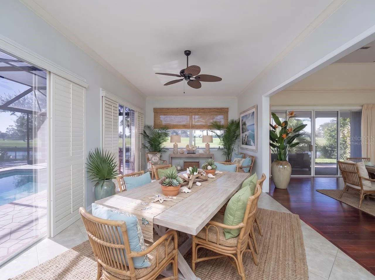 family room virtually staged as a dining area