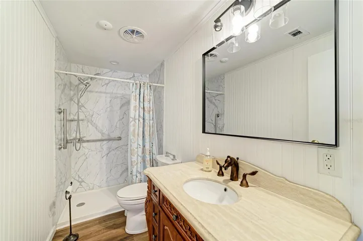 Bath 2/Hall bath has recently been updated with step-in shower with grab bars, a nice vanity and ligh fixture