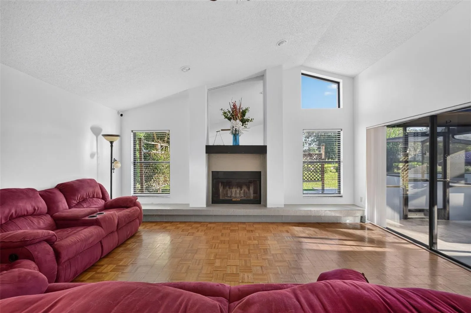 Family Room with wood-burning fireplace