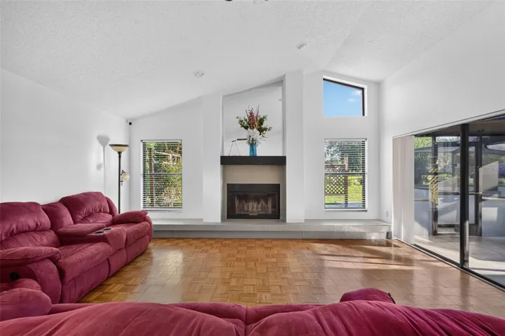 Family Room with wood-burning fireplace