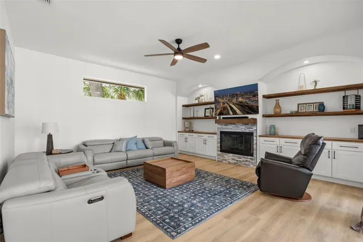 Family Room with wood-burning fireplace