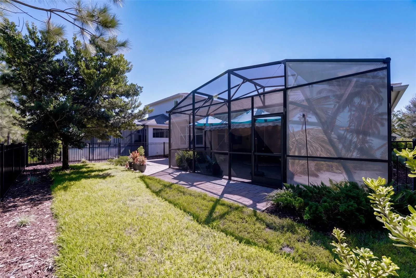 View of the aluminum rail fenced backyard