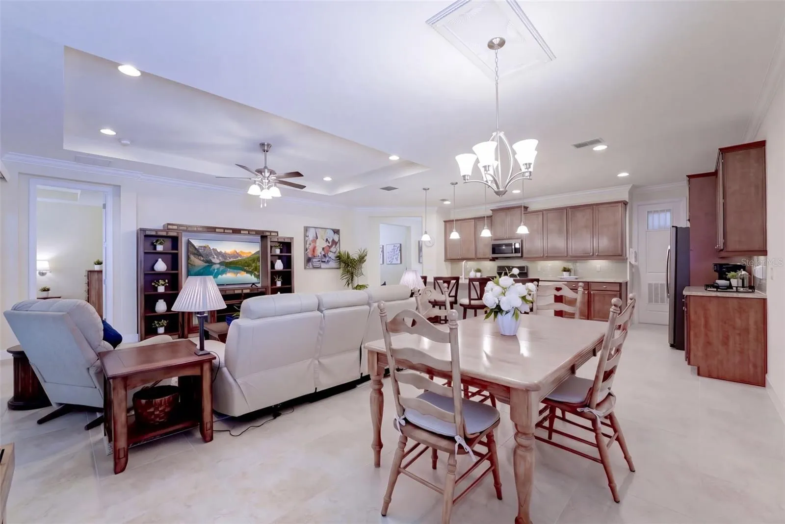 View of the Dining, Great Room &amp; Kitchen areas