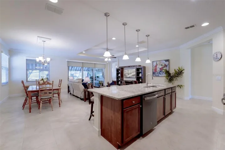 View of the Dining &amp; Great Room areas from the Kitchen