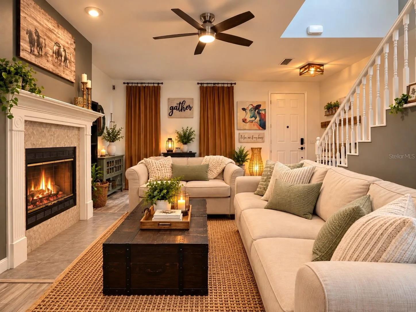Cozy living room with woodburning fireplace