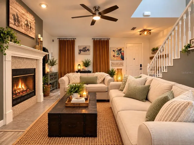 Cozy living room with woodburning fireplace