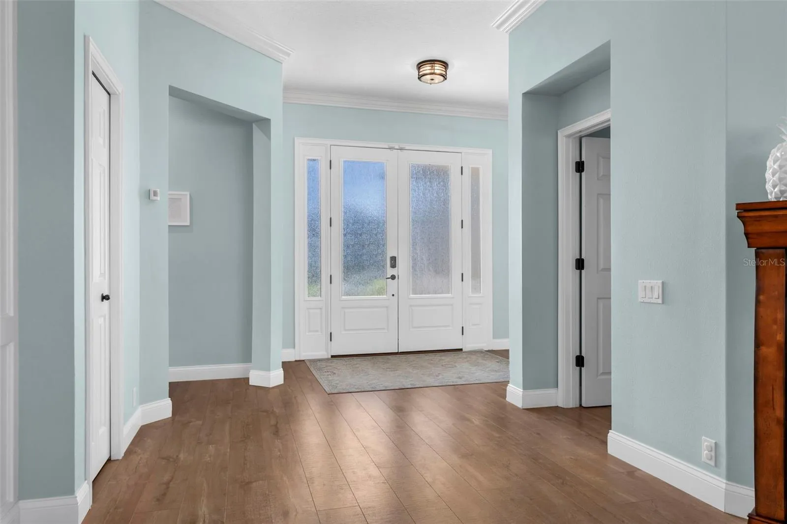 A glass-paneled front entry welcomes natural light, while crown molding and warm flooring create a polished first impression.