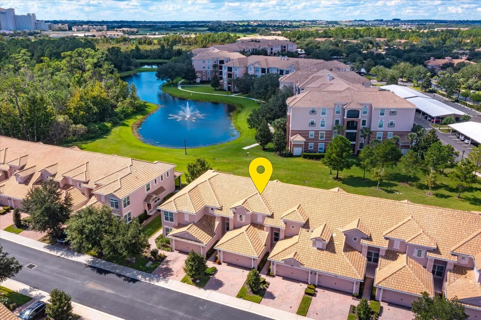 Aerial with pond &amp; fountain